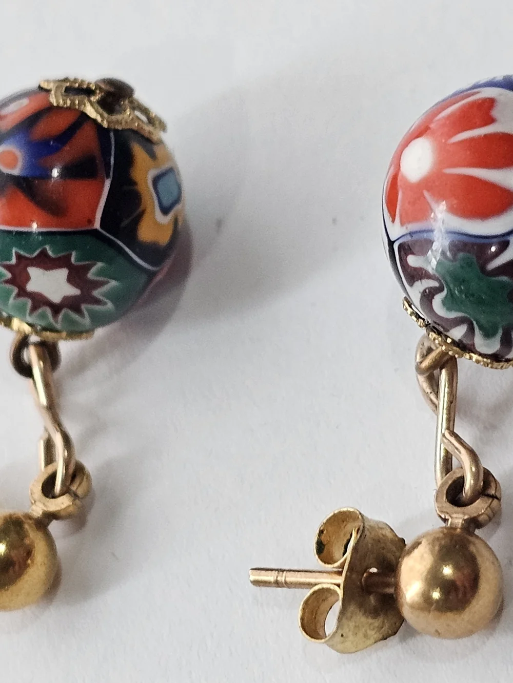 Gold-Tone Multicolor Millefiori Glass Drop Earrings. Murano ~ Vtg Pierced